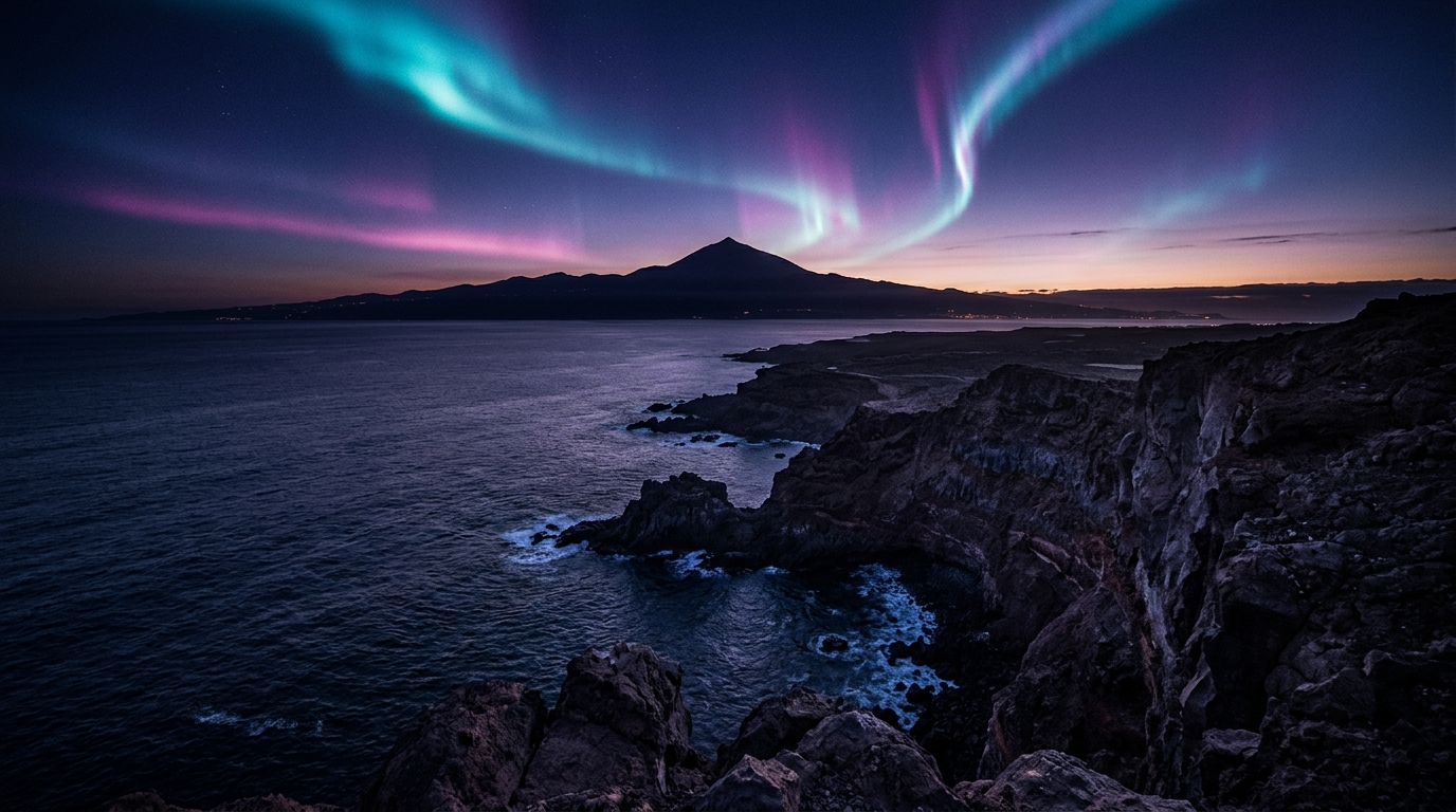 Costa volcánica de Tenerife al atardecer con estelas de luz que conectan el cielo y la isla