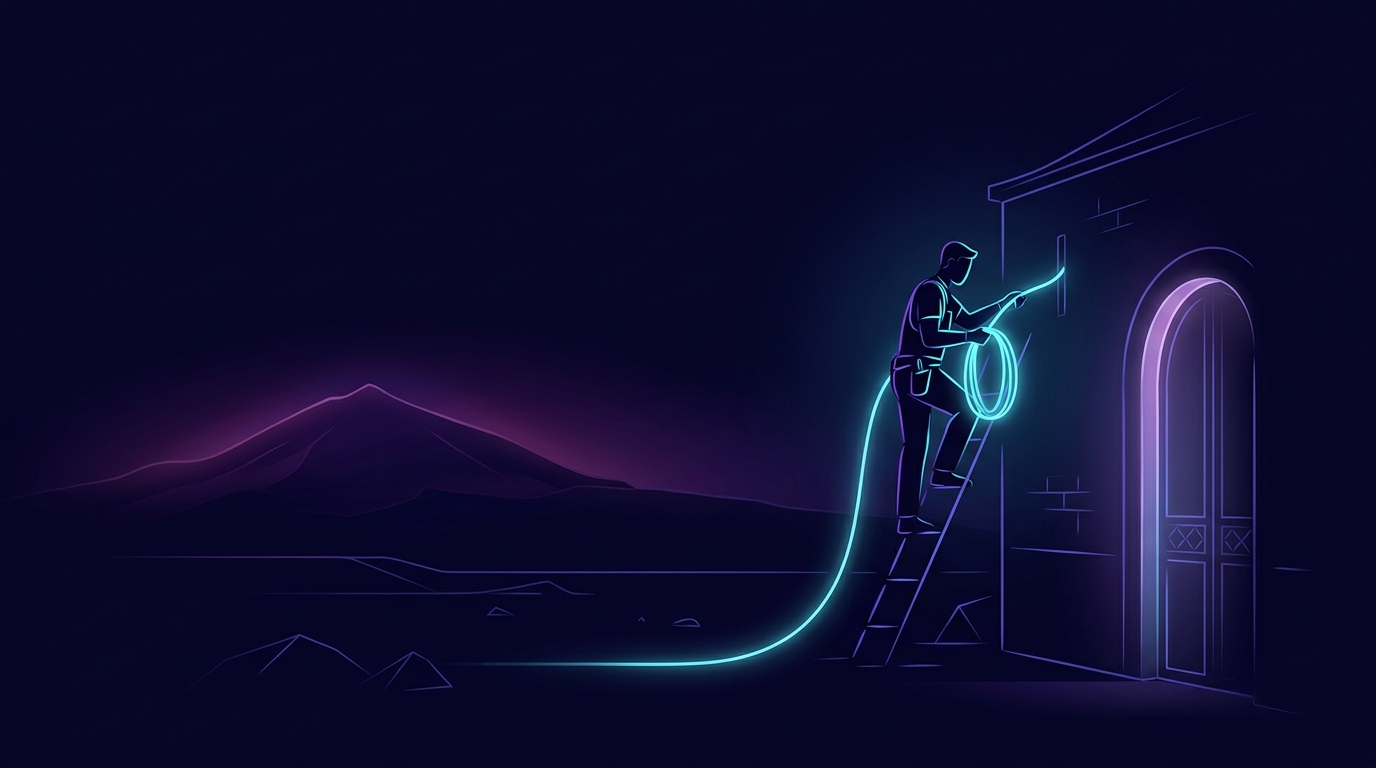 Ilustración de un técnico instalando fibra en una casa canaria
