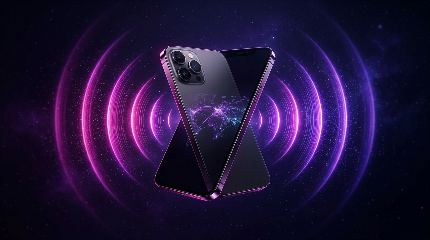 Moderne smartphone met magenta signaalgolven die naar buiten uitstralen