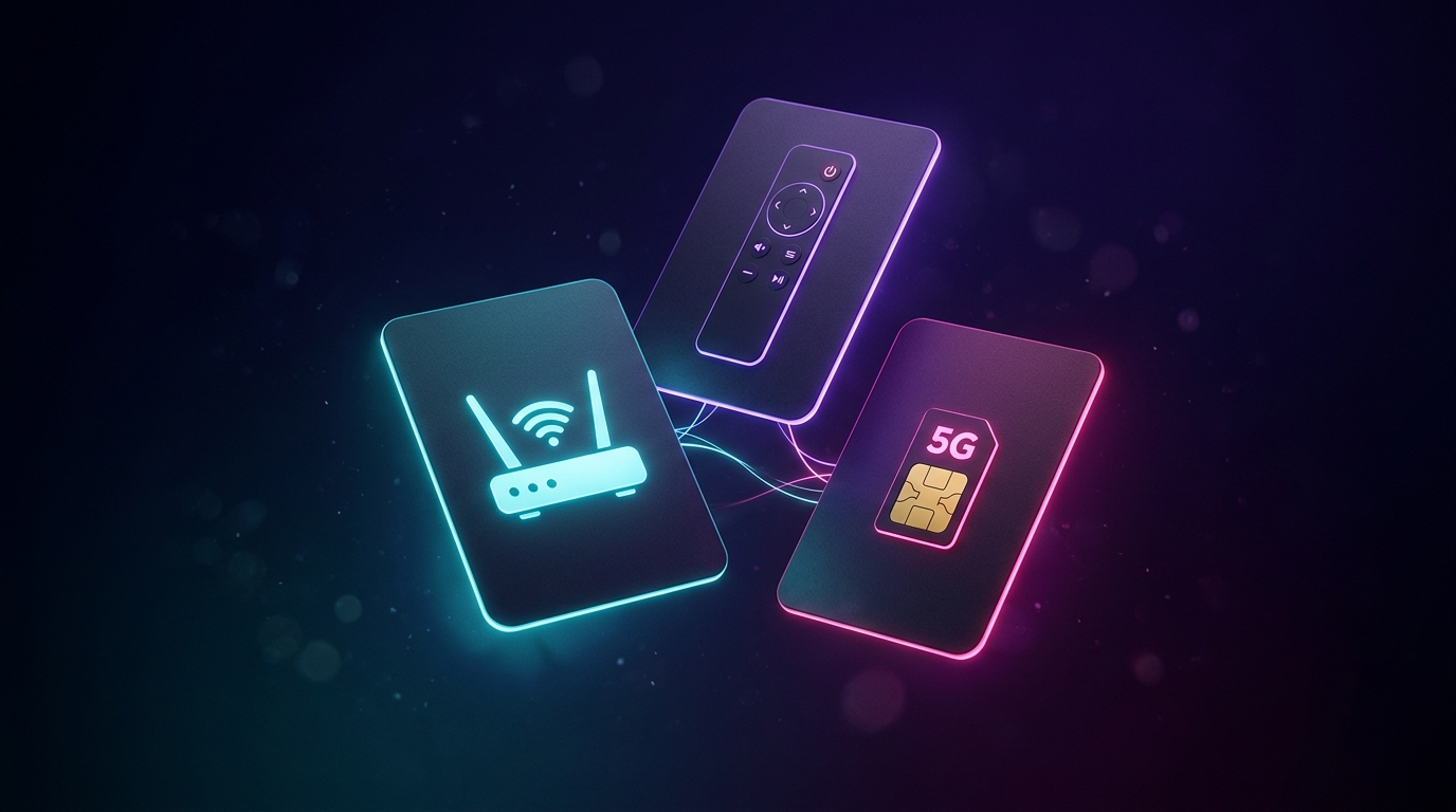 Tres tarjetas de producto flotando — router, SIM y mando de TV — interconectadas por líneas de luz