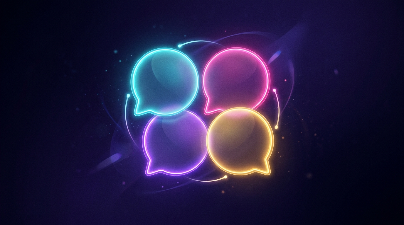 Illustration of four chat bubbles representing support in 4 languages