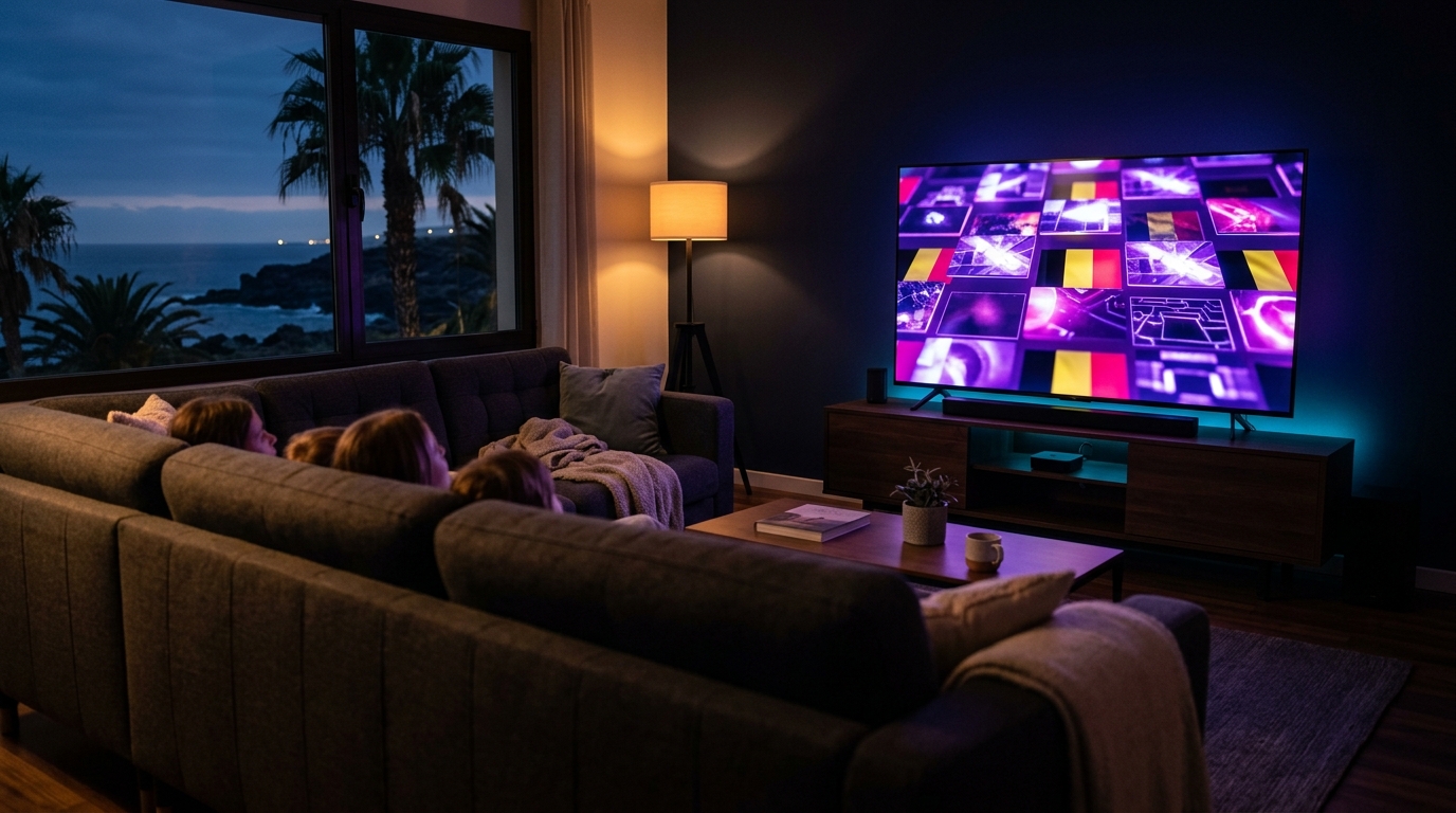 Salón por la noche en Tenerife con TV iluminada mostrando canales